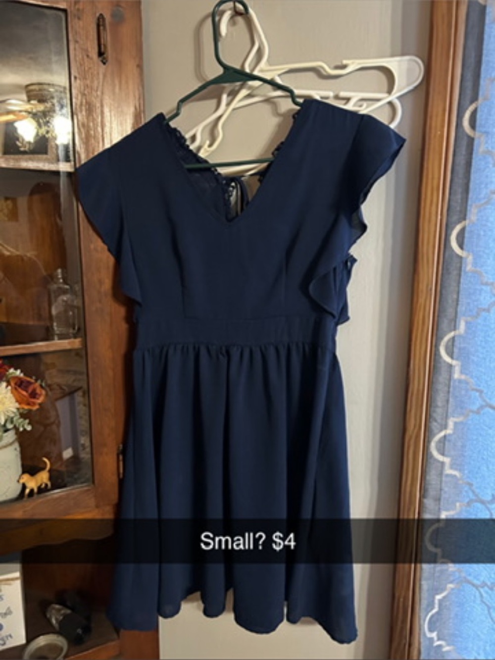 Girls Navy Blue Ruffle Sleeve Dress